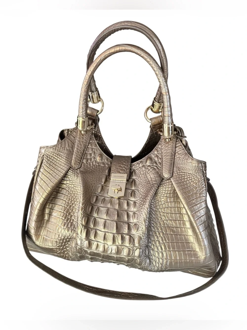Brahmin Elisa Large Satchel – Gold Croc Embossed Leather | Gold Hardware |